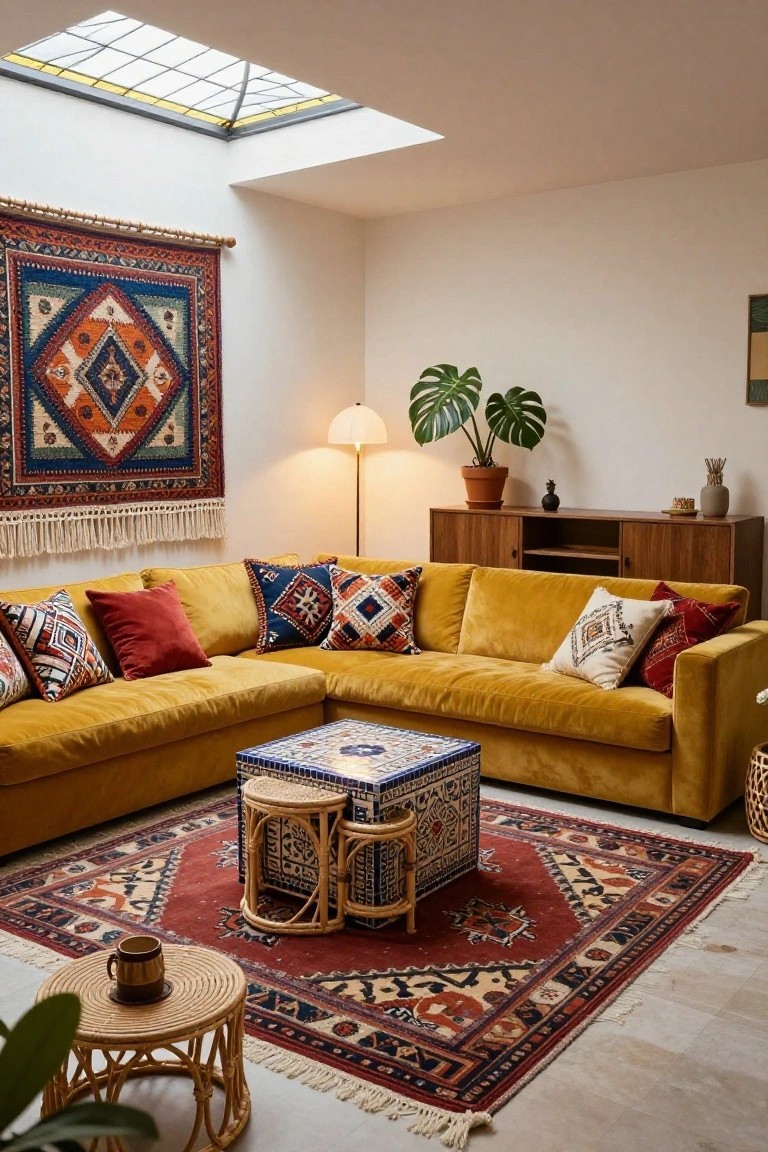 Cozy Velvet Sofa in a Patterned Nook