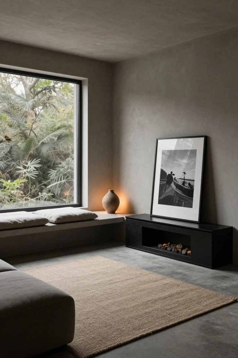 Minimalist indoor living room corner with cushioned bench seat under large black-framed window showing tropical greenery outside, lit terracotta vase on bench, tall black-framed black-and-white photo on wall, low black cabinet fireplace with logs burning, beige seagrass rug on concrete floor, and edge of gray sofa.