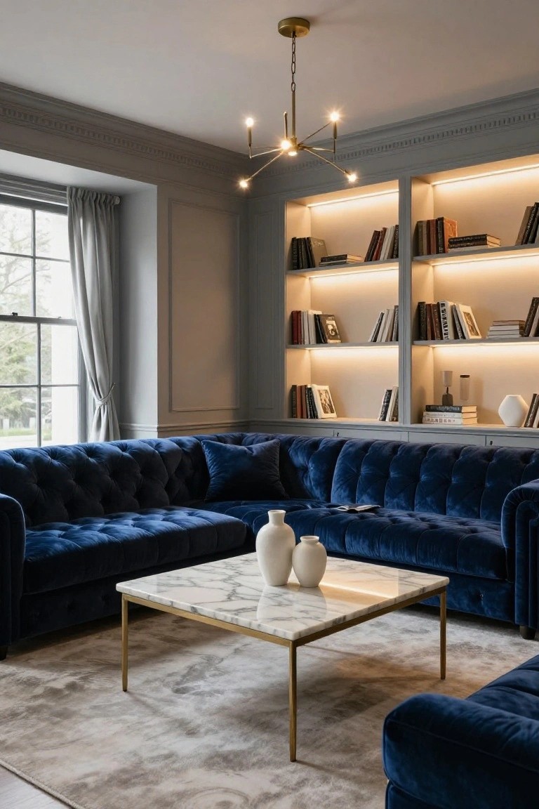 A living room corner with deep blue tufted velvet L-shaped sectional sofa, white marble coffee table holding two white vases, backlit bookshelves filled with books, gray walls, large window with gray curtains, and brass five-arm chandelier.