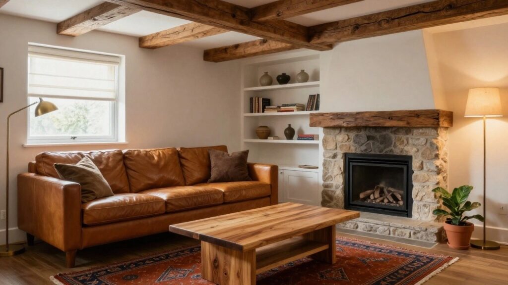 Living room interior with tall natural stone fireplace and wooden mantel, wooden ceiling beams, built-in white shelves with ceramics and books, two tan leather sofas facing a wooden coffee table on red patterned rug, fiddle leaf fig plant near window.