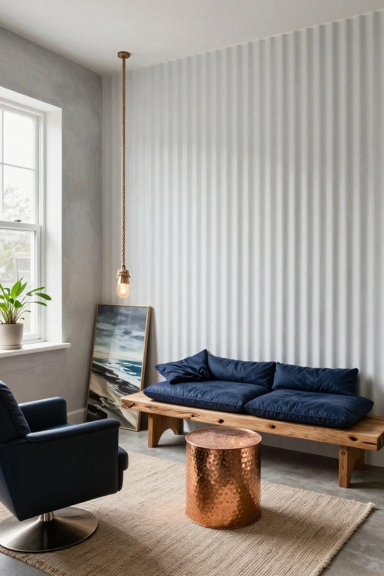 Indoor seating corner with tall fluted white wall panels, navy blue cushioned wooden bench, black leather swivel chair, hammered copper stool, rope pendant light, ocean painting, potted plant by window, seagrass rug on concrete floor.