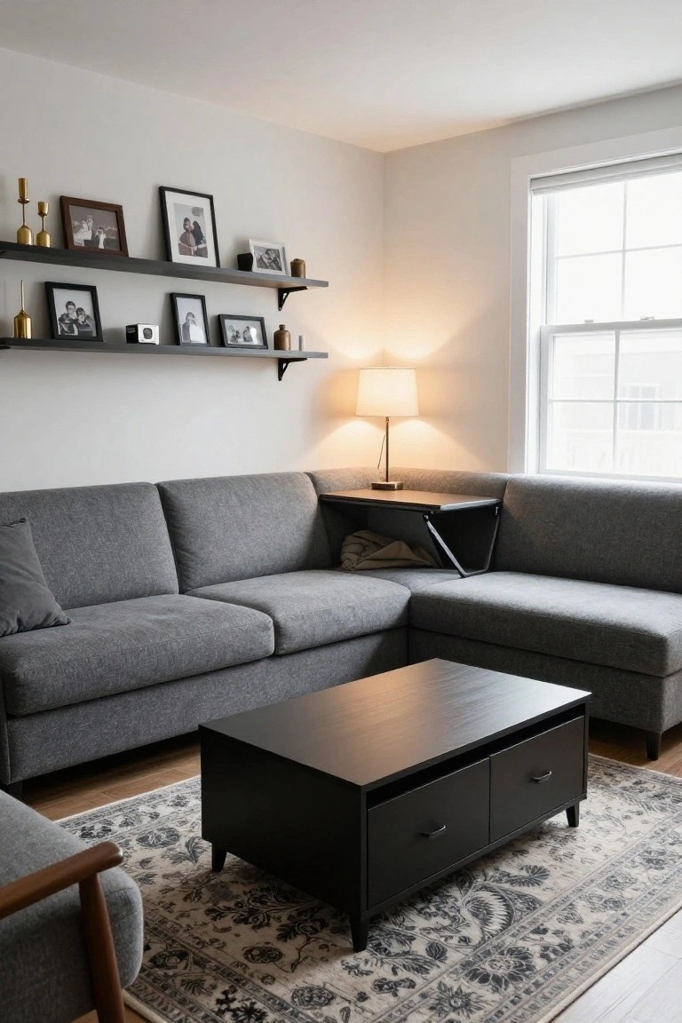 Gray L-shaped sectional sofa in a living room with black floating shelves displaying photos and candles on white walls, a black coffee table with drawers, a lamp on a side table, a patterned rug, and a wood armchair nearby.