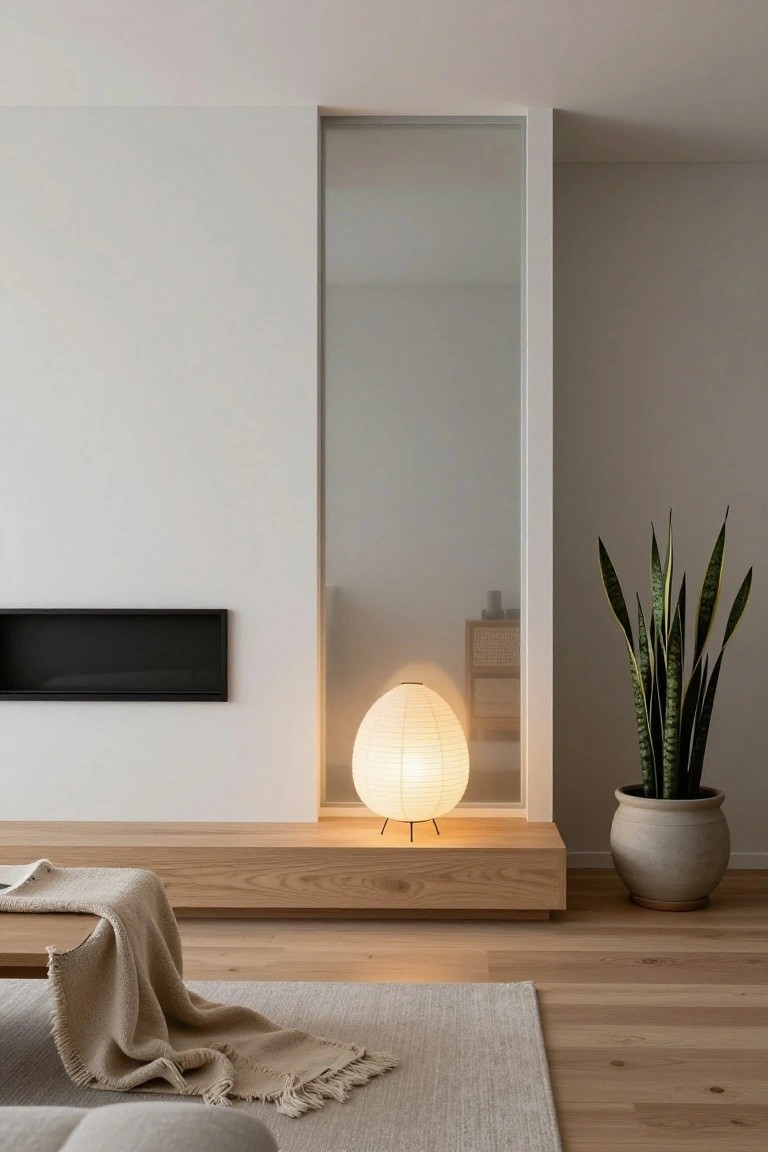 Minimalist indoor living room corner with low wooden platform bench by slim black fireplace, glowing white paper lantern lamp on metal stand, tall snake plant in gray pot, beige throw blanket, neutral walls, tall mirror, and oak flooring.