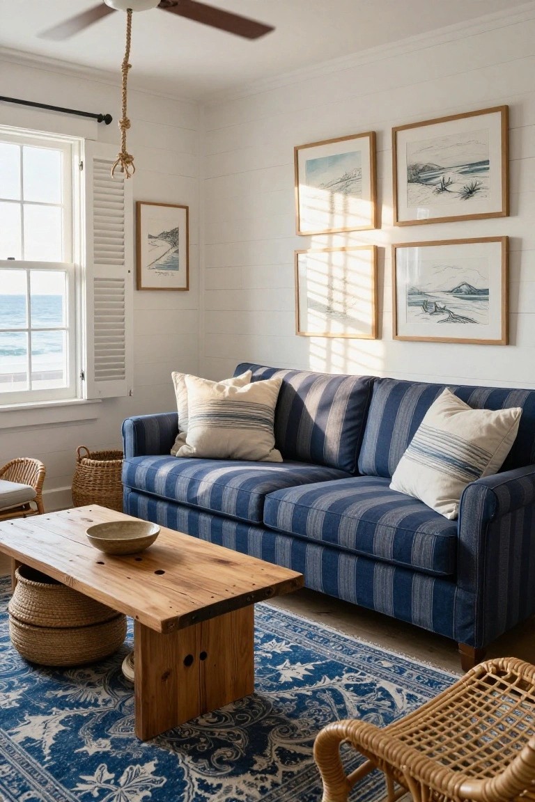 Living room with blue and white striped sofa, pillows, wooden coffee table holding a bowl, woven baskets and chairs, blue rug, shiplap walls, coastal artwork, and window with ocean view.