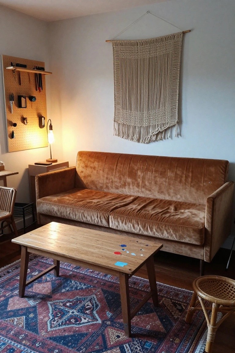 Living room interior with rust-colored velvet sofa, wooden coffee table topped with colorful tiles, red and blue patterned rug, beige macrame wall hanging, pegboard tool organizer on white wall, desk lamp, rattan stool, and wooden desk.