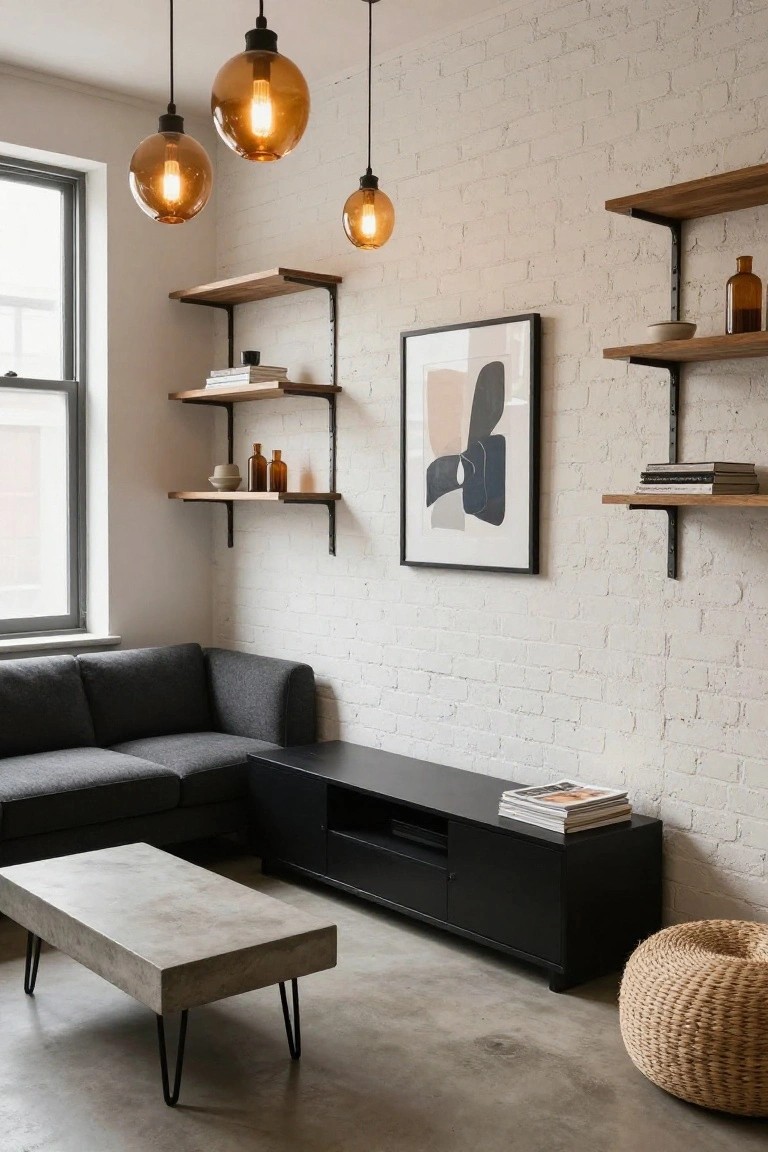 Living room featuring white brick walls with multiple wooden floating shelves holding books, ceramics, glass bottles, and bowls, alongside a gray L-shaped sofa, black TV stand, rectangular concrete coffee table on hairpin legs, rattan pouf, and amber pendant lights.