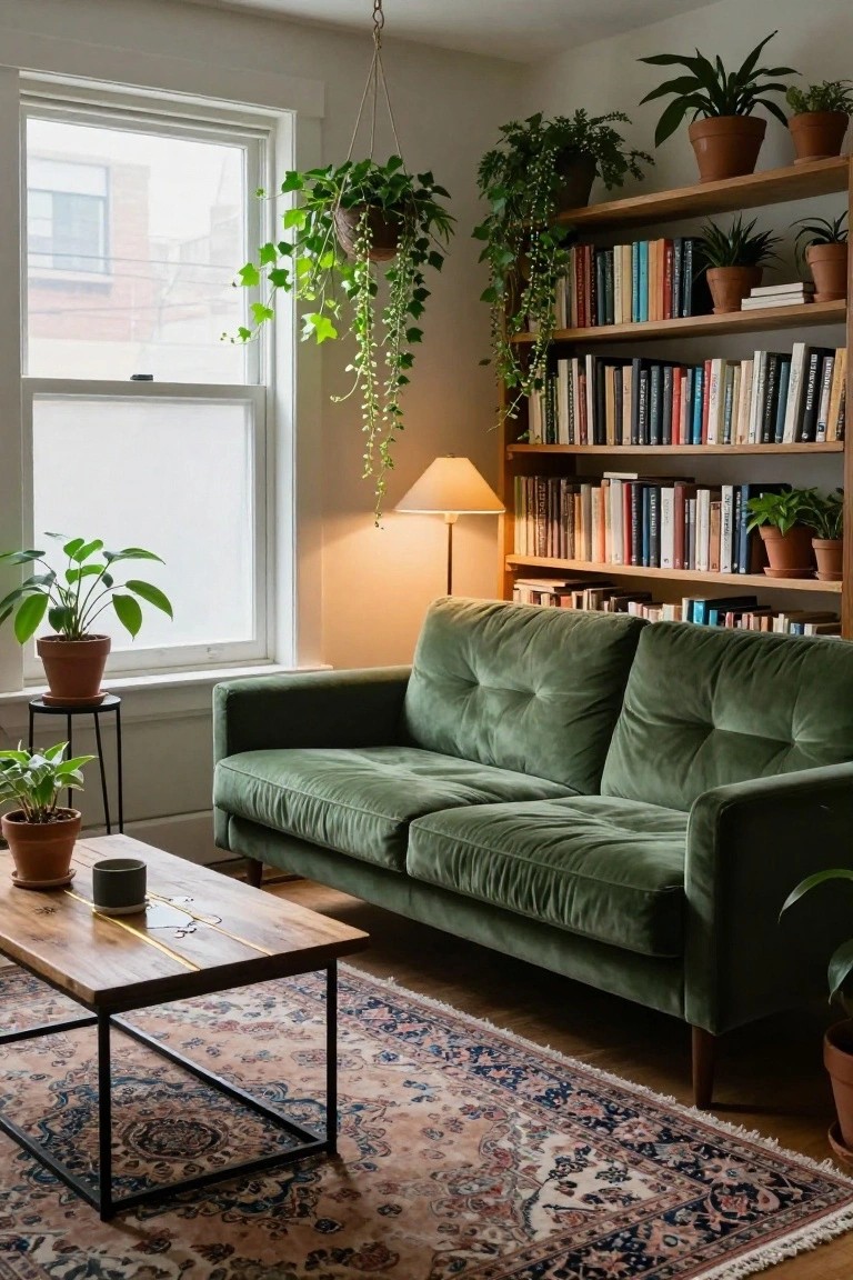 A cozy living room interior with a green tufted velvet sofa, wooden bookshelves lined with books and potted plants, hanging ivy plants near a window, a floor lamp, small potted plants on stands, a low wooden coffee table, and a patterned area rug.