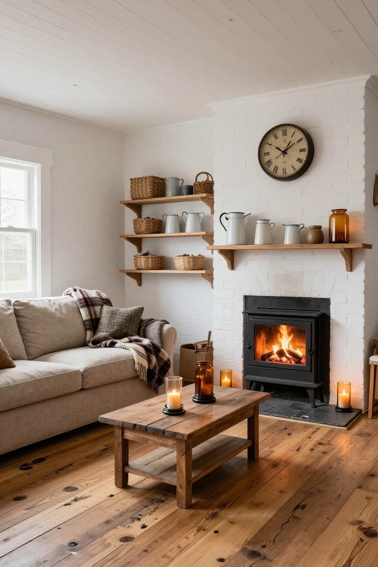 Cozy living room interior with white brick wall, wooden open shelves holding pottery and baskets, black wood-burning stove with lit fire, beige sofa with plaid throw and pillows, wooden coffee table with candles, hardwood plank floors.