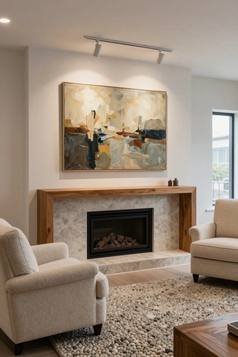 Modern living room with a gas fireplace framed by a wooden mantel and surround, beige armchairs, large abstract painting on the wall above, track lighting, and a pebble-textured rug on wood floors.