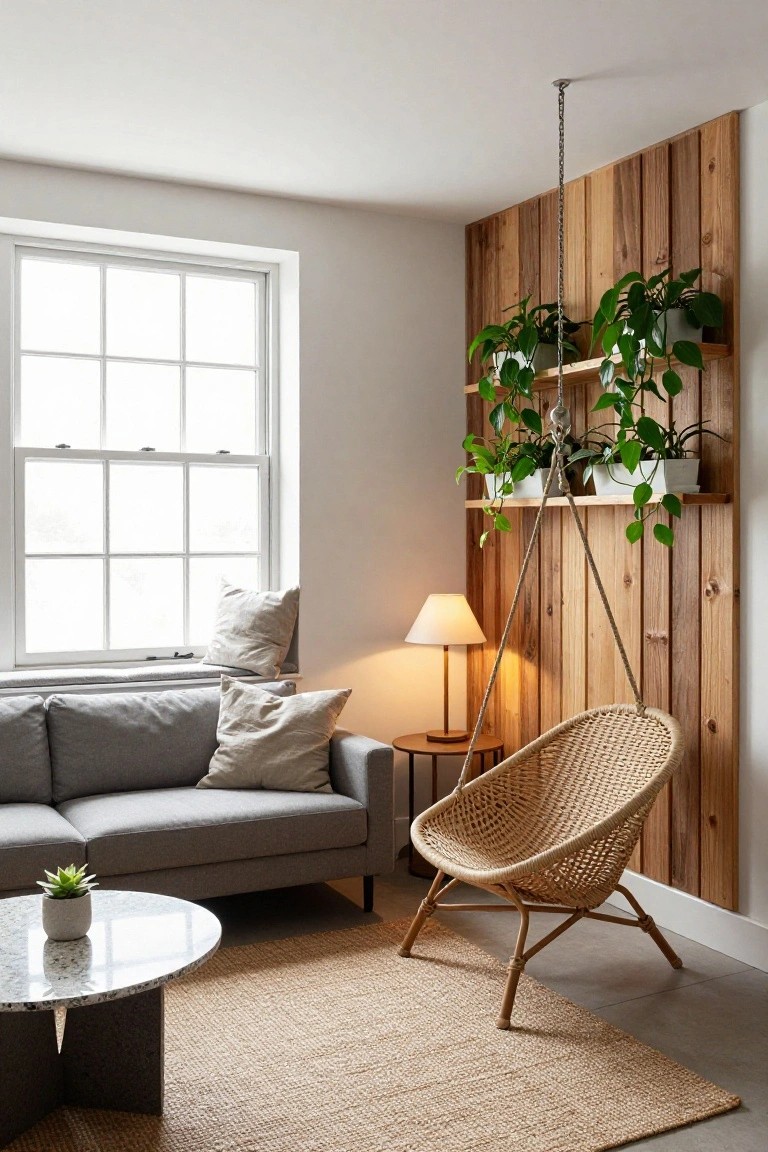 Modern living room with gray sofa, round stone coffee table, hanging rattan chair suspended from chains on a light wood slat accent wall with potted plants on shelves, next to a window and lamp table.