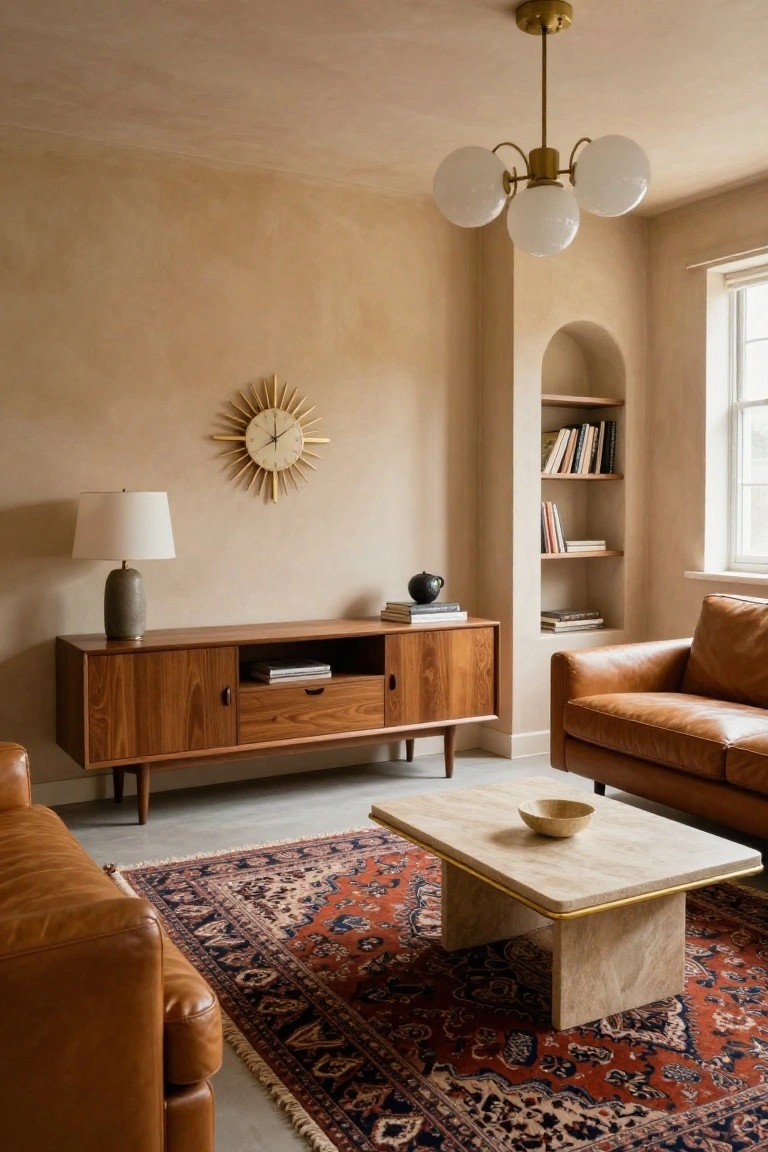 Living room interior with warm beige plaster walls, wooden mid-century credenza TV stand, tan leather sofa, travertine and gold coffee table on red and blue Persian rug, brass chandelier, sunburst wall clock, table lamp, and arched niche with wooden shelves holding books and decor.