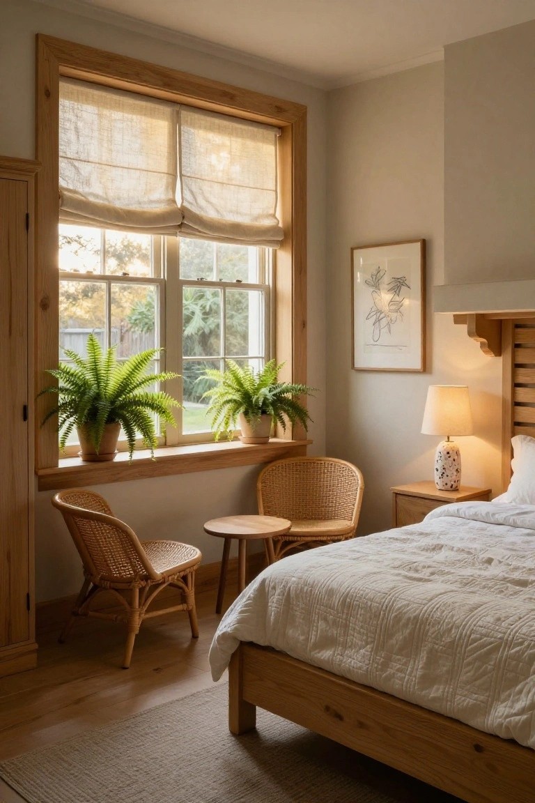 Light wood bedroom corner showing two rattan chairs around a small wood table next to large windows with sheer curtains and potted ferns on the sills, plus a wood bed nearby.