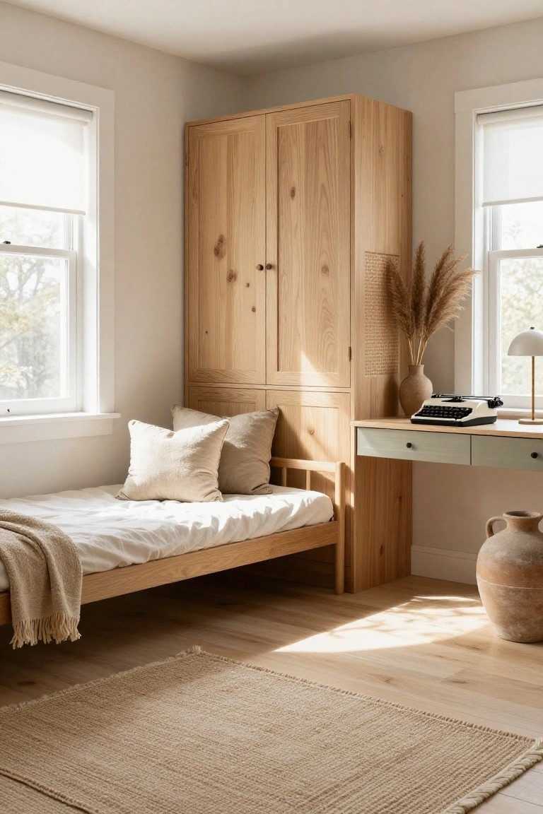 Bedroom corner with tall light wood wardrobe, low wooden desk topped with typewriter and lamp, platform bed with white sheets and beige throw, pampas grass in vase, beige rug on oak floor, and sheer roller shades on two side windows.