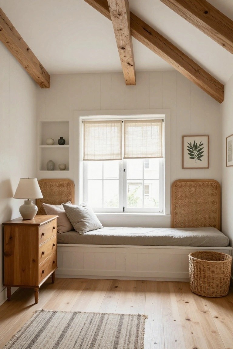 Small bedroom featuring exposed wooden ceiling beams, a built-in white window bench with rattan headboard and gray cushions, wooden dresser with lamp, neutral shelves with ceramics, and hardwood floors.