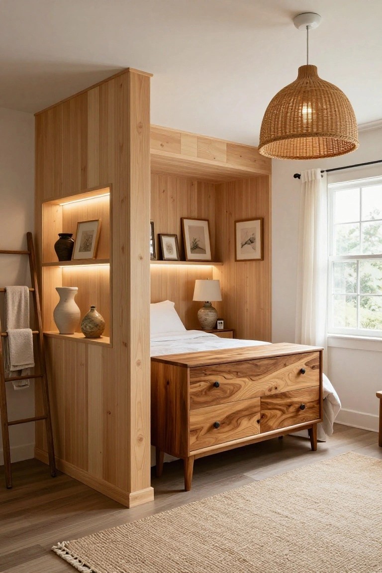 A bedroom with light wood vertical paneling forming a bed alcove, integrated shelves holding vases and framed artwork lit by LEDs, a low wooden dresser beside the bed, a window with white curtains, and a rattan pendant light overhead.