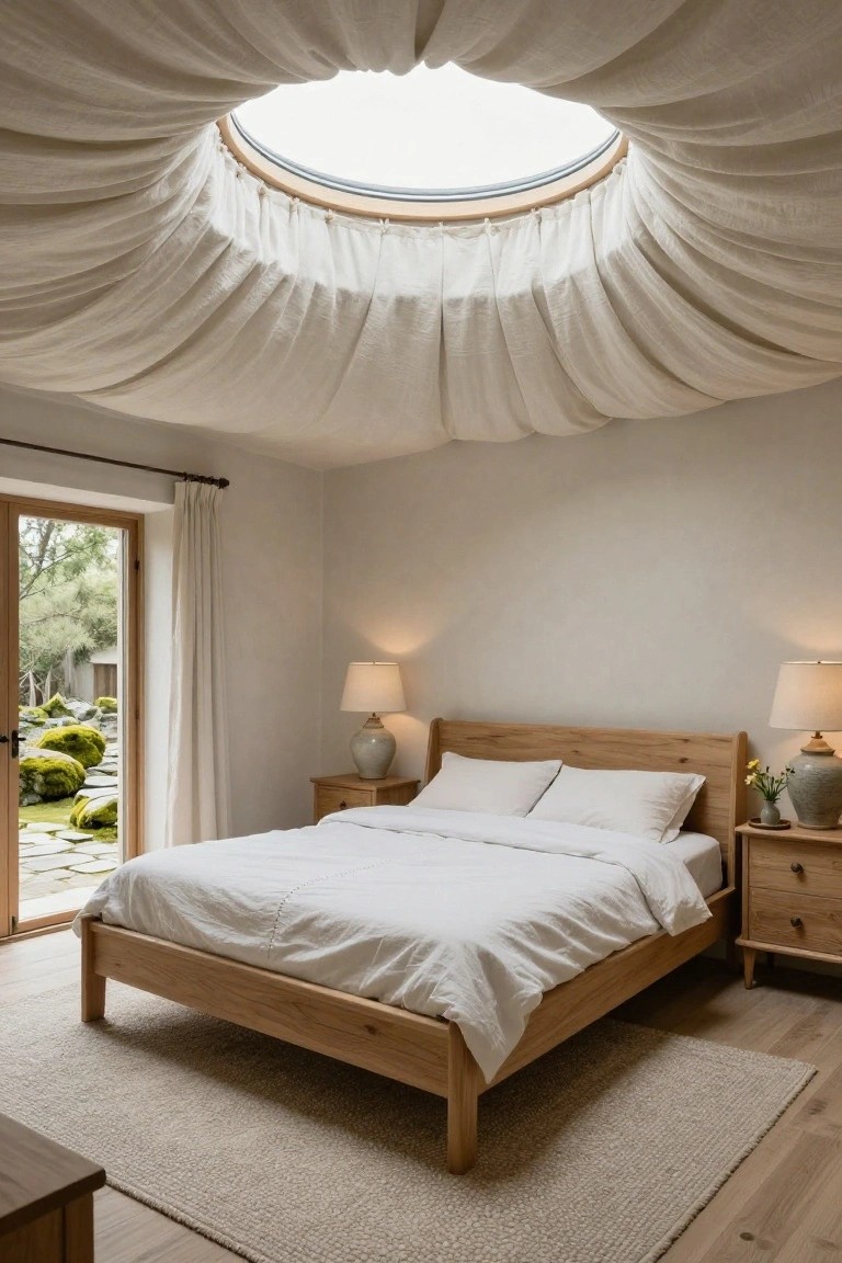 Bedroom interior with light wood platform bed and white linens, matching nightstands topped with ceramic lamps and vases, white fabric draped around a central skylight, and French doors opening to a garden with moss-covered rocks and stepping stones.