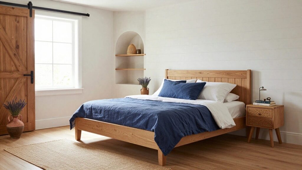 Bedroom interior with light oak wood bed frame and headboard draped in blue linen quilt and white sheets, white vertical shiplap walls with arched niche shelf holding books and vase, rattan pendant lights, oak nightstand with lamp and mug, and hardwood floors with jute rug.