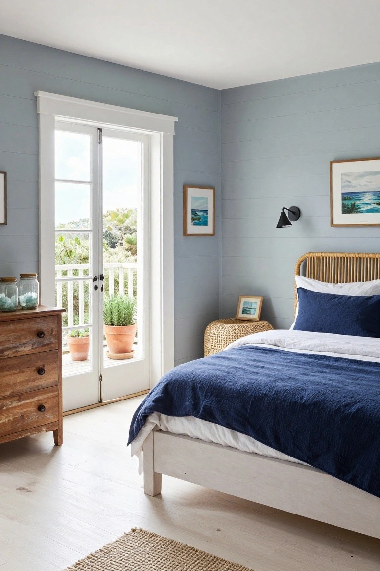 Bedroom with pale blue shiplap walls, white French doors open to a balcony with potted plants and greenery view, rattan headboard bed with navy duvet and white sheets, distressed wood dresser, rattan side table, and light wood floors.