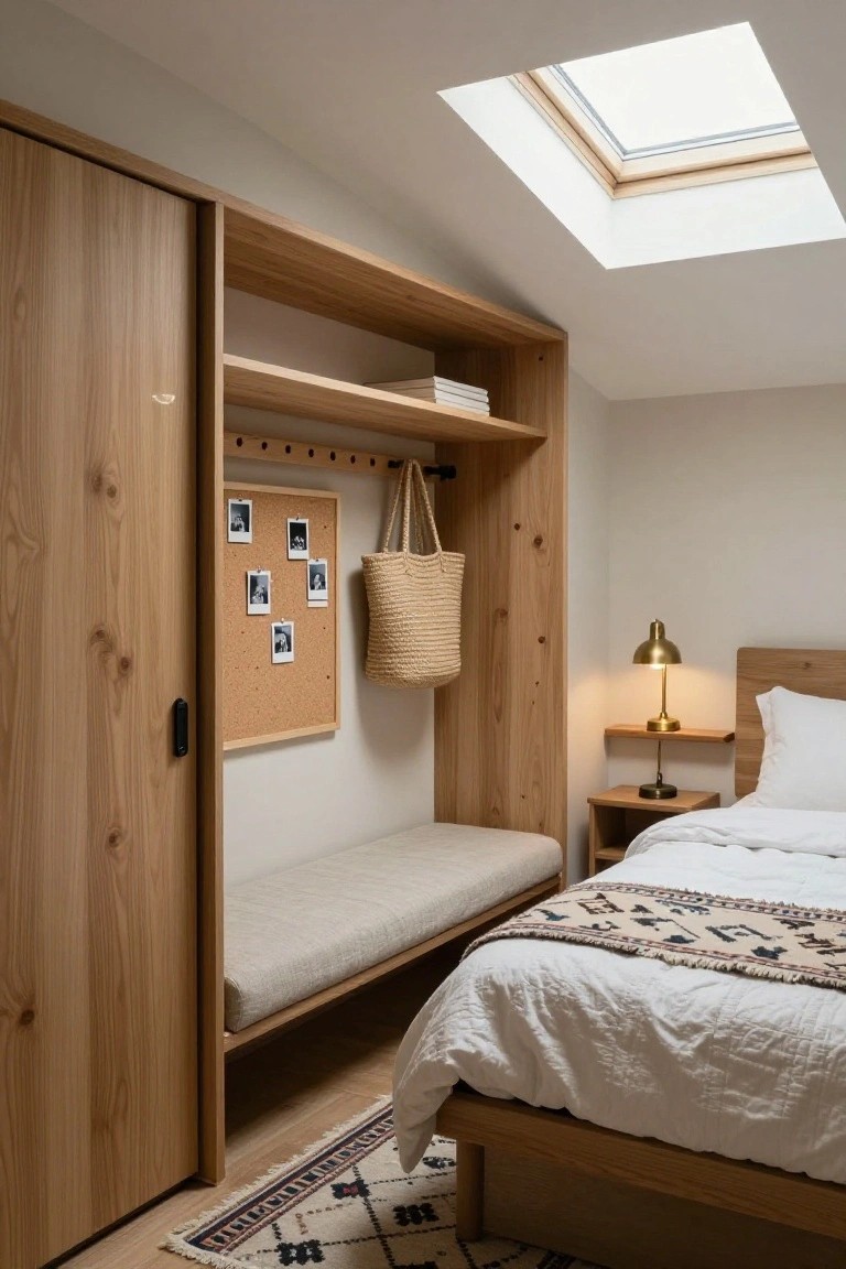 Tall light wood built-in wardrobe with sliding door, open shelves holding books, corkboard with photos, hanging straw bag on pegs, built-in bench, brass lamp on wood nightstand beside white bed, under skylight in beige room.