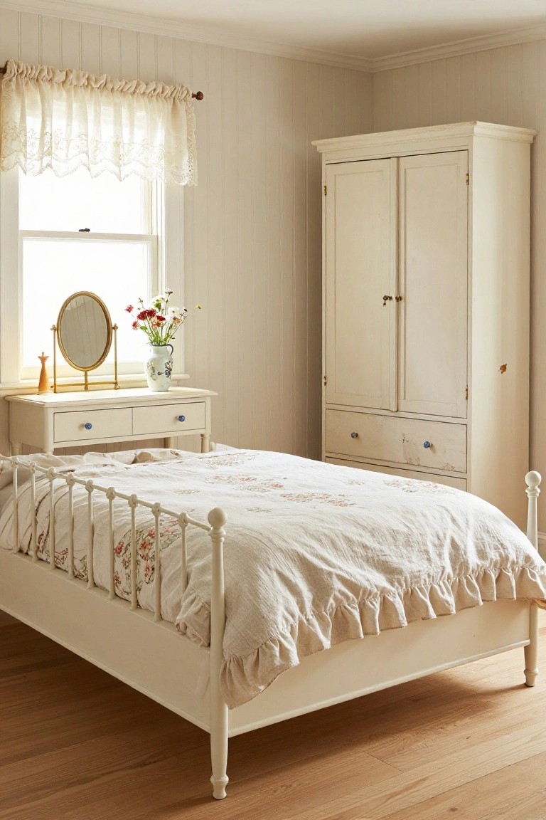 A farmhouse-style bedroom with white painted wooden wardrobe and dresser, blue-knobbed vanity table with oval mirror and candleholder, white iron bed with floral quilt and ruffled linens, against light beadboard walls and hardwood floors.