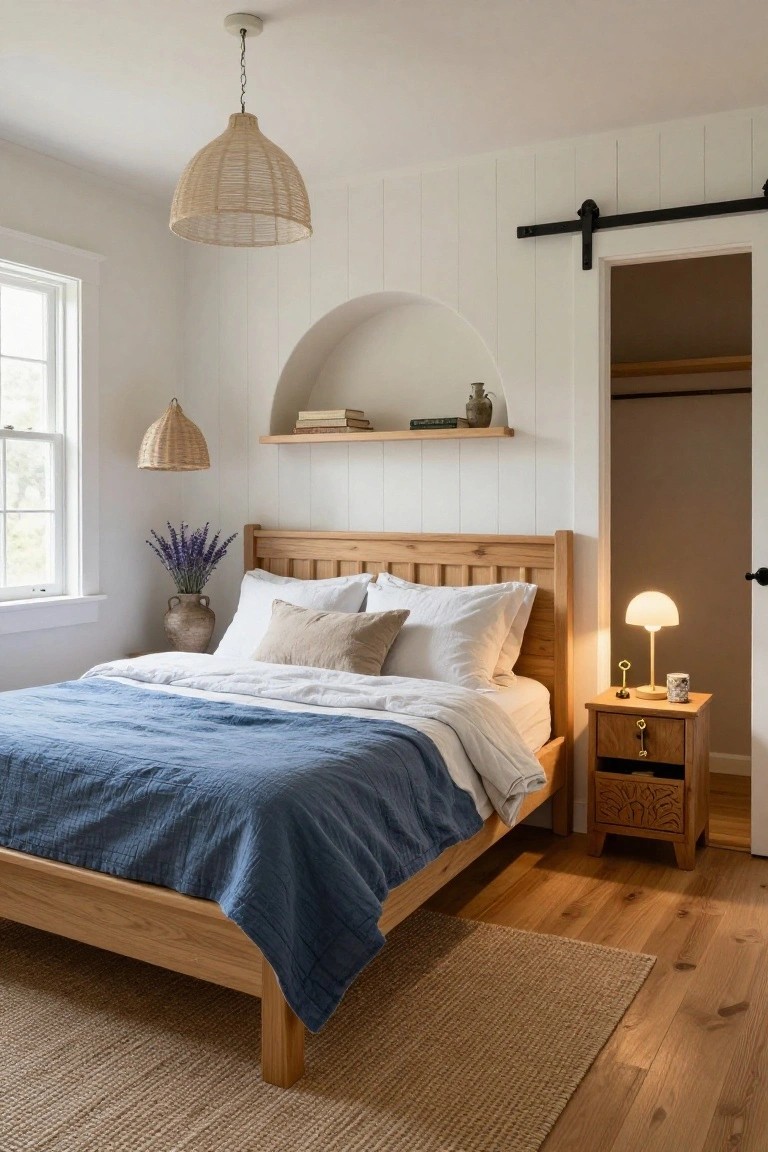 Bedroom interior with light oak wood bed frame and headboard draped in blue linen quilt and white sheets, white vertical shiplap walls with arched niche shelf holding books and vase, rattan pendant lights, oak nightstand with lamp and mug, and hardwood floors with jute rug.