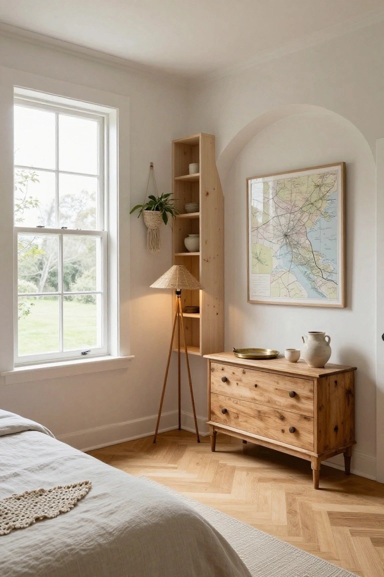 Bedroom corner with light wood open shelving built into an arched white wall niche next to a large window, wooden tripod floor lamp, low wooden dresser, and edge of a bed on herringbone wood floor.