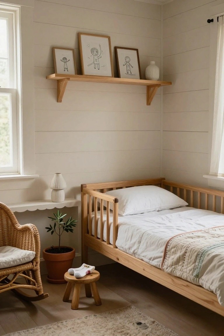 Cozy nursery room with light wood crib on white bedding, wooden floating shelves displaying framed children's line drawings and a white vase, wicker rocking chair next to potted plant on stool, shiplap walls, and light wood floor with rug.