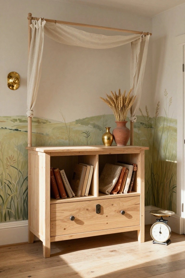 Light wood console with open upper shelves holding books, fabrics, and vases of wheat, a lower drawer with brass knob, next to a brass scale on wooden floor, against a wall painted with green fields, reeds, and grasses, under a draped linen canopy.