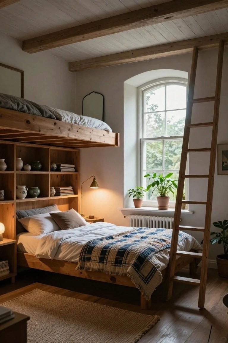 Bedroom with wooden loft bunk bed and ladder against white wall, built-in shelves holding ceramics and books, lower wood bed with plaid quilt, arched window with plants, and bedside lamp.