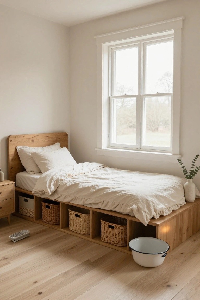 Raised light wood platform bed in a white bedroom corner with built-in cubby storage holding wicker baskets, white bedding, a wooden nightstand, potted eucalyptus, a white enamel basin on hardwood floors, and a double window showing trees outside.