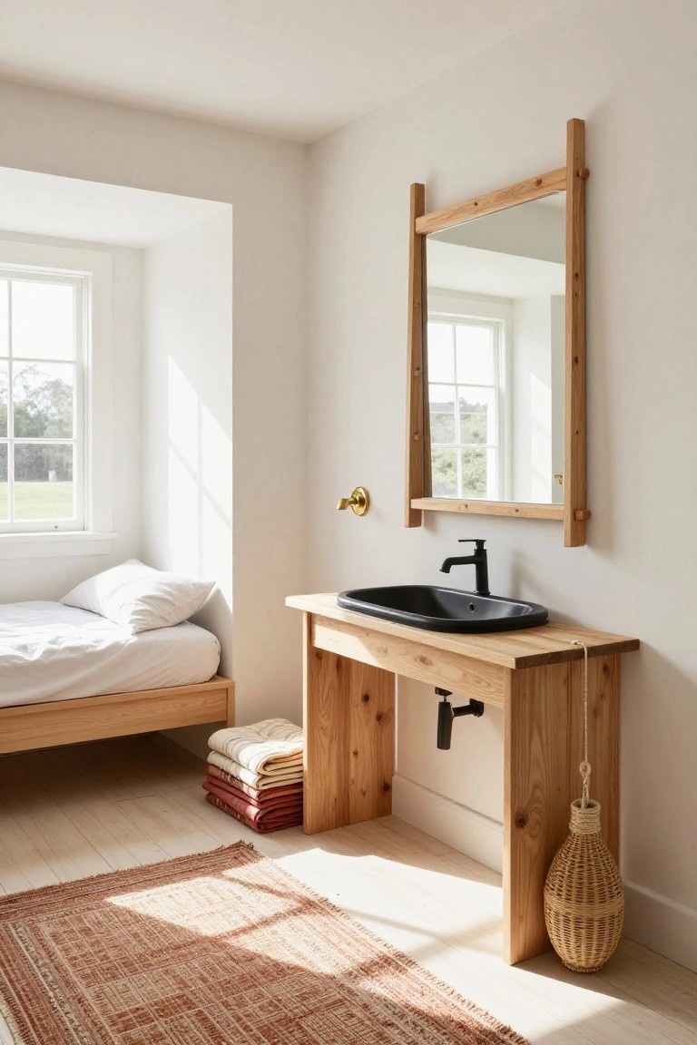 Small bedroom interior with low wooden platform bed piled with folded linens, adjacent wooden vanity holding black oval sink and faucet, tall rectangular wooden mirror on wall, window overlooking landscape, terracotta rug on light wood floor, woven basket nearby.