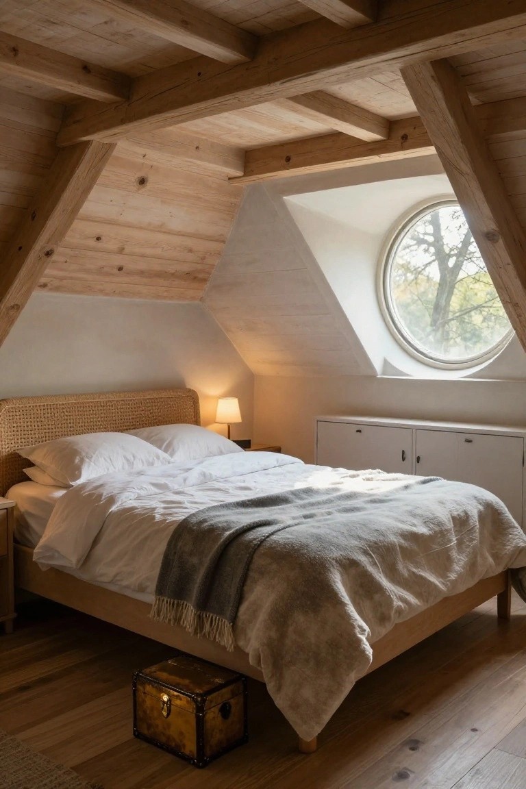 Attic bedroom with sloped ceiling of light wood planks and exposed beams, rattan headboard bed with white sheets and gray throw, round window showing trees outside, wooden floor, side table with lamp, cabinet, and vintage metal trunk nearby.