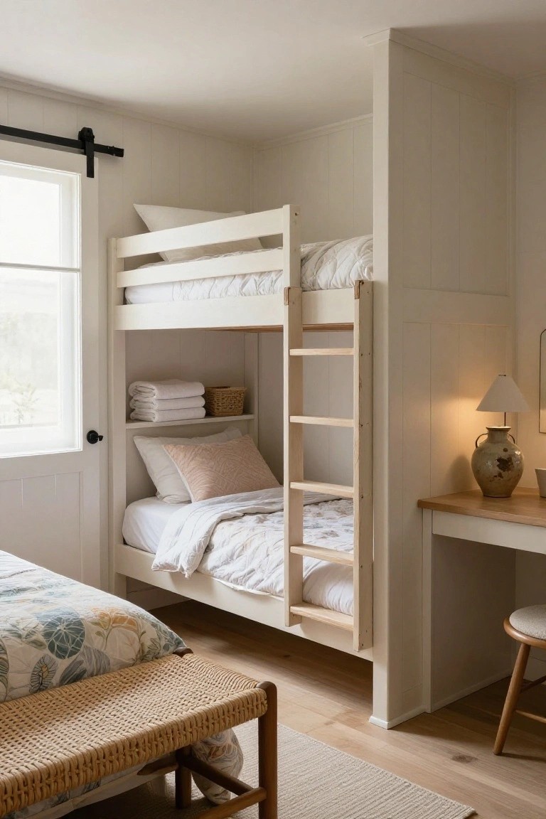 White wooden bunk beds built against paneled walls in a bedroom with ladder access, lower bunk made up with white bedding and pink pillows, shelf below holding folded towels and a wicker basket, next to a wooden desk and stool on light wood floors.
