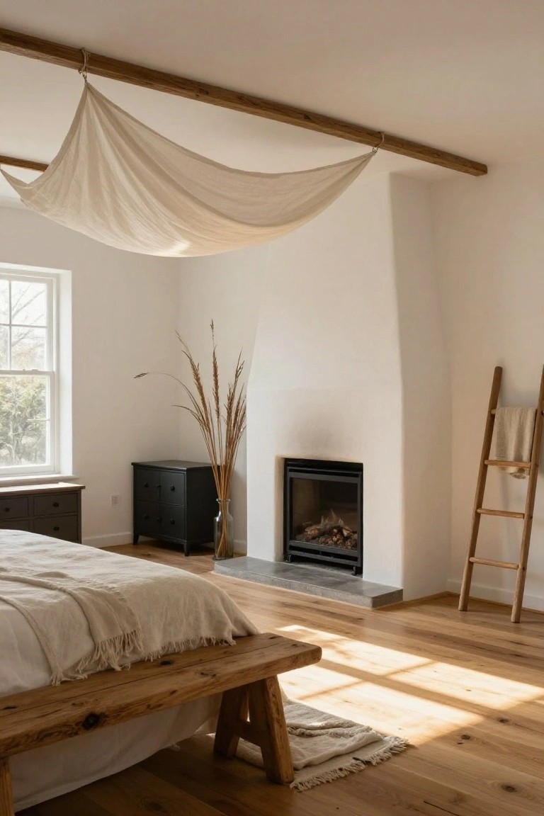 Suspended Fabric Canopy Over the Bed