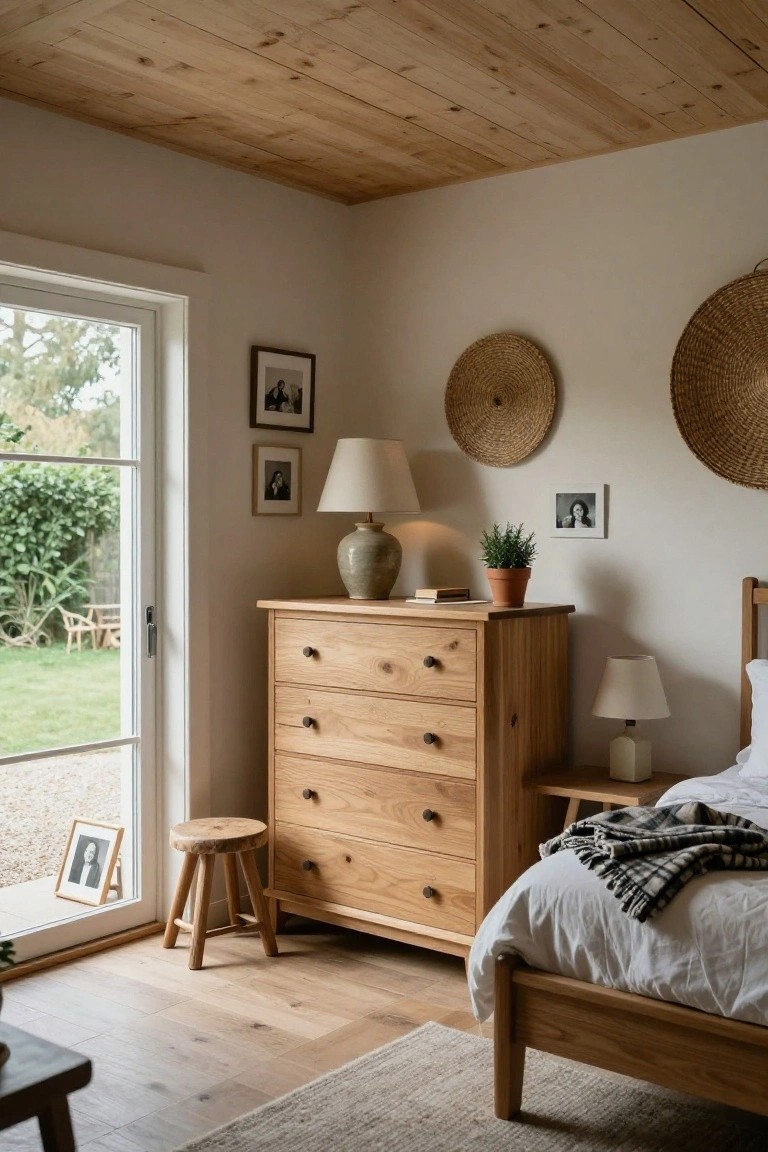 Bedroom corner with tall four-drawer oak dresser next to wooden bed, small lamps on nightstand and dresser, woven baskets on wall, and glass door to garden view.