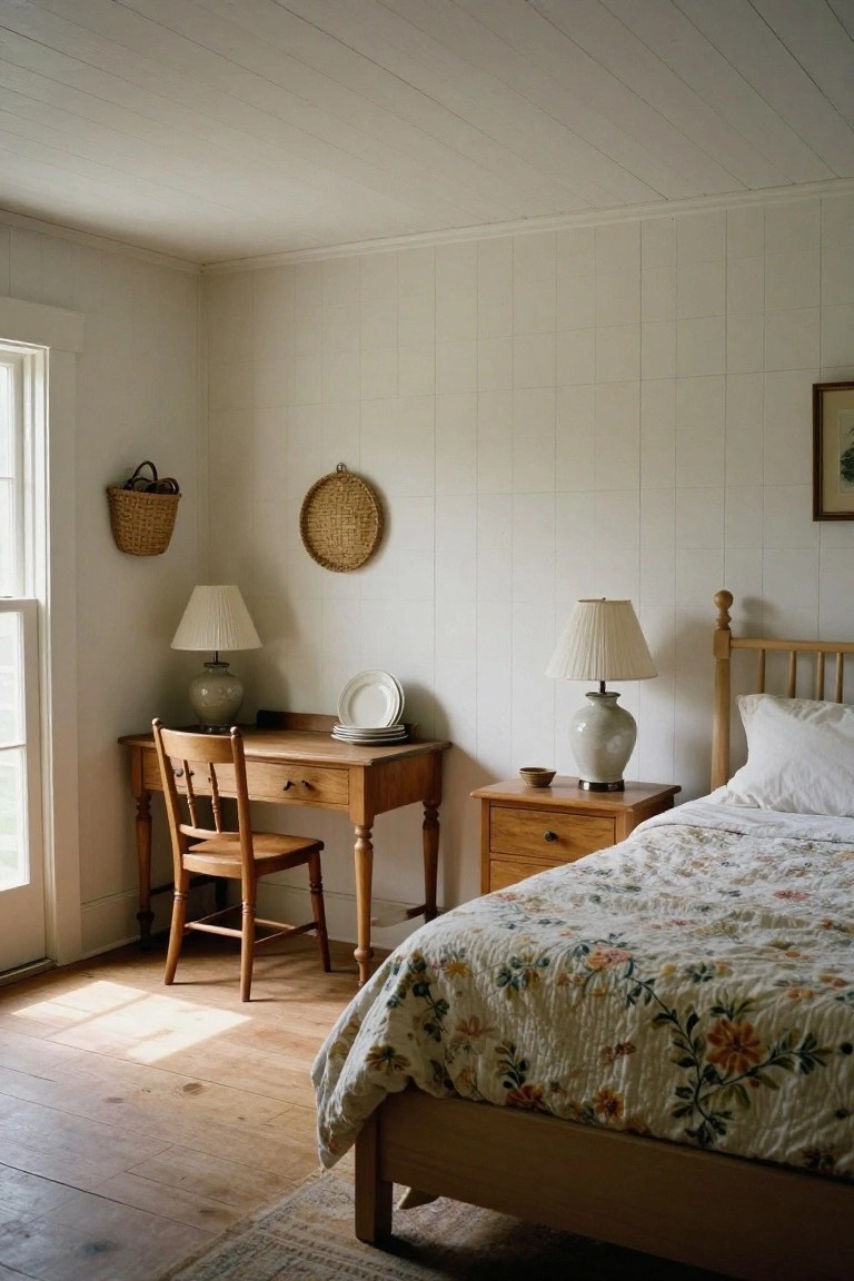Bedroom corner with wooden desk, chair, and lamp next to a wooden bed with floral quilt, white vertical paneled walls, wicker baskets, and hardwood floors.