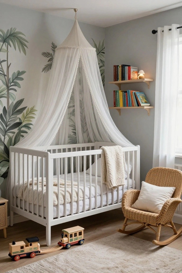 White wooden crib with sheer white canopy and pom-pom trim in a nursery room with gray walls, tropical leaf mural, floating bookshelves, wicker rocking chair with cushion, and wooden toy train on the floor.
