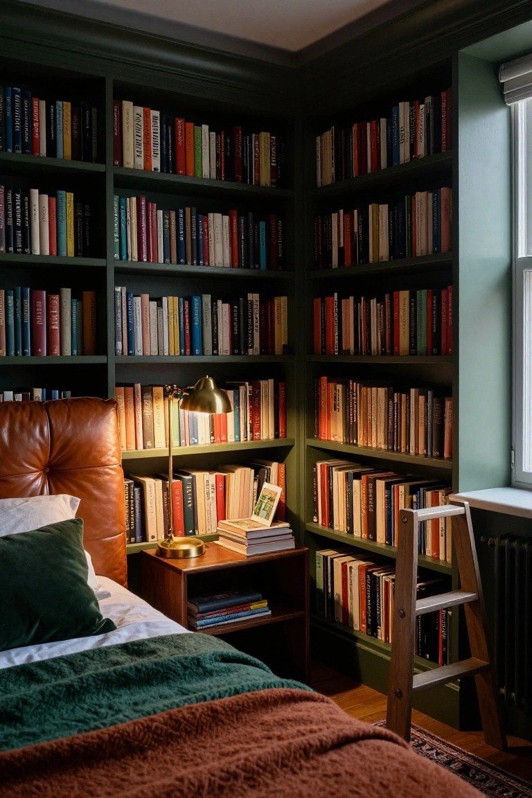 Corner bedroom with dark green built-in floor-to-ceiling bookshelves filled with multicolored books, brown leather tufted headboard bed with white sheets green pillow and throw, brass lamp on wooden nightstand, wooden library ladder, and window with radiator.