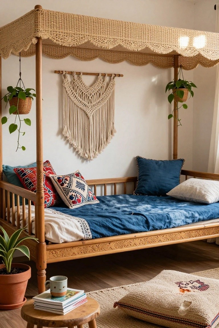Wooden daybed with carved base and beige woven canopy overhead, navy blue bedding, colorful patterned pillows, macrame wall hanging, hanging and potted plants, side table with mug and books, and woven floor pouf on wood floor in white bedroom.
