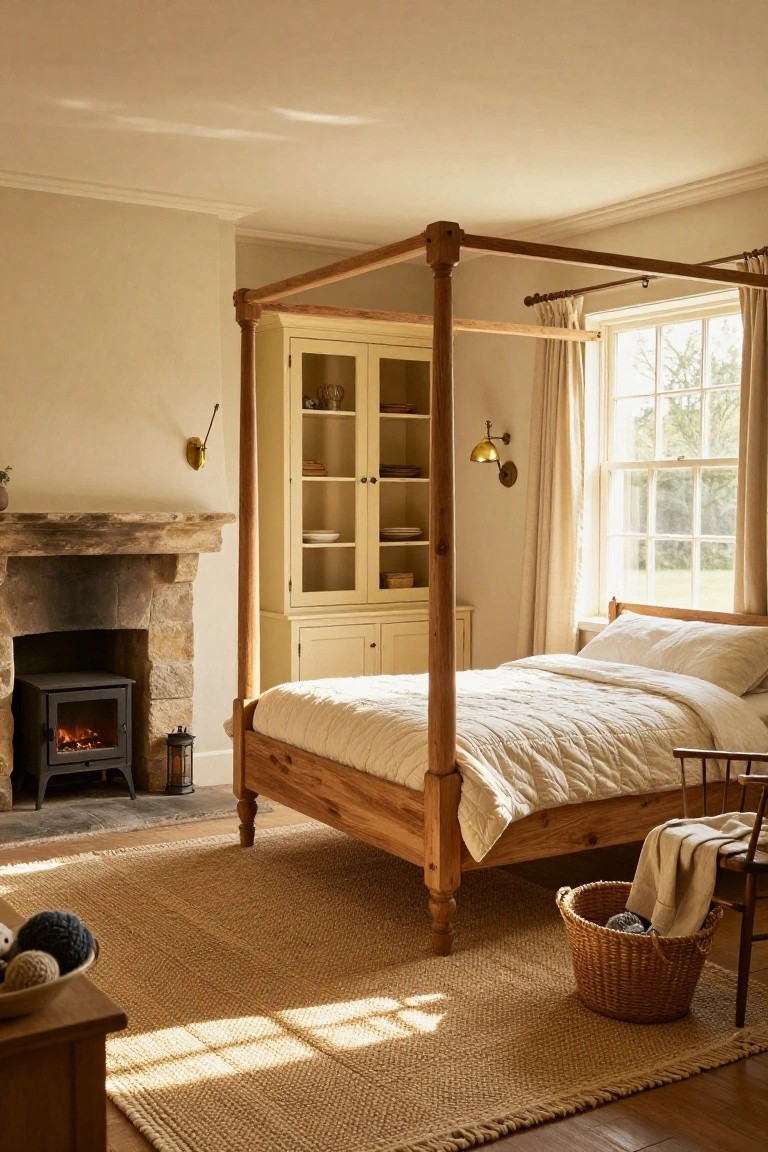 A light-filled bedroom with cream walls, a large wooden four-poster bed with white bedding, a matching wooden wardrobe, stone fireplace with wood stove, and beige seagrass rug.