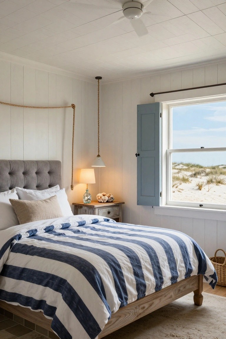 Cozy bedroom with white shiplap walls, wooden bed frame topped by navy and white striped duvet and neutral pillows, gray tufted headboard, bedside table holding glass lamp and seashells, blue shutters on window overlooking sand dunes, rope pendant light, and ceiling fan.