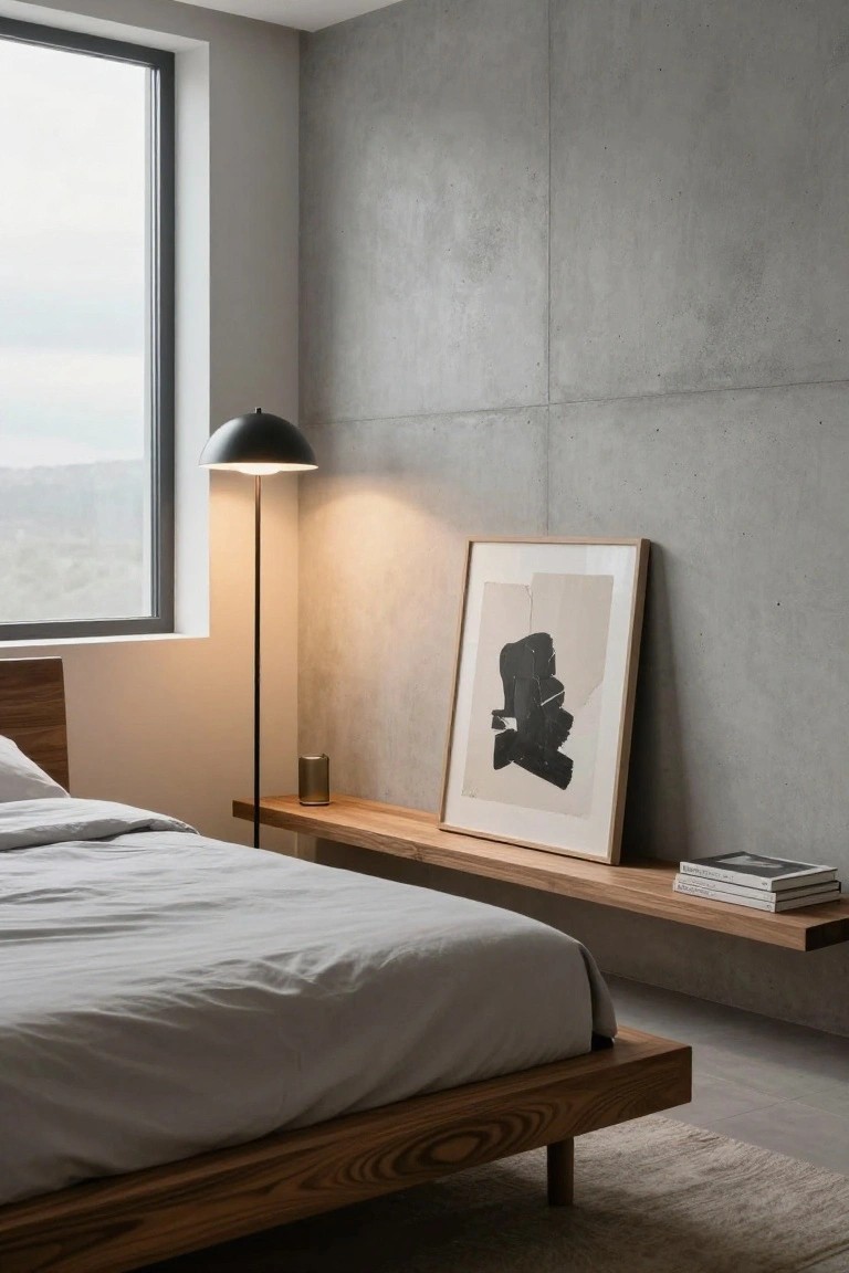 Modern bedroom interior with textured gray concrete walls, low wooden platform bed with white linens, black floor lamp, floating wooden shelf holding books and a cylindrical speaker, framed abstract artwork, and large window with view of hills.