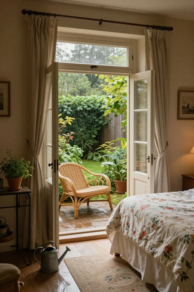 Bedroom with open white French doors to a rainy green garden, rattan armchair nearby, potted plants on metal stand, white floral bed, and metal watering can on wooden floor by beige rug.