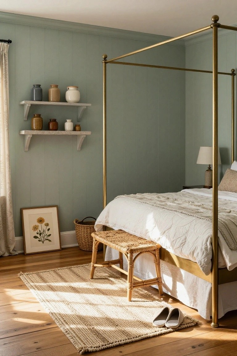 Bedroom interior with tall brass four-poster bed draped in white textured bedding, pale green paneled walls, floating shelves holding ceramic jars, brass lamp on nightstand, wicker stool at bed foot, seagrass rug, and gray slippers on hardwood floor.