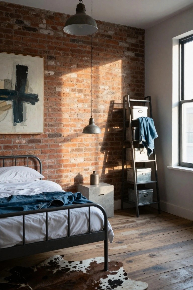 Bedroom with exposed red brick accent wall, black metal bed frame holding white pillows and rumpled blue denim bedding, leaning black ladder shelf stocked with metal bins and draped clothing, cowhide rug on worn wooden floors, concrete side table, pendant lamp, and abstract wall art beside a window.
