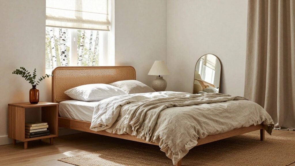 22 Dreamy Cozy Bedroom Decor Ideas You Will Love Coming Home To Corner of a light bedroom with rattan headboard bed draped in cream linen bedding, rattan nightstand holding lamps books and vase, round wall mirror, sheer roman shade blinds and curtains on two windows overlooking birch trees, wooden bed frame and seagrass rug on light floors.