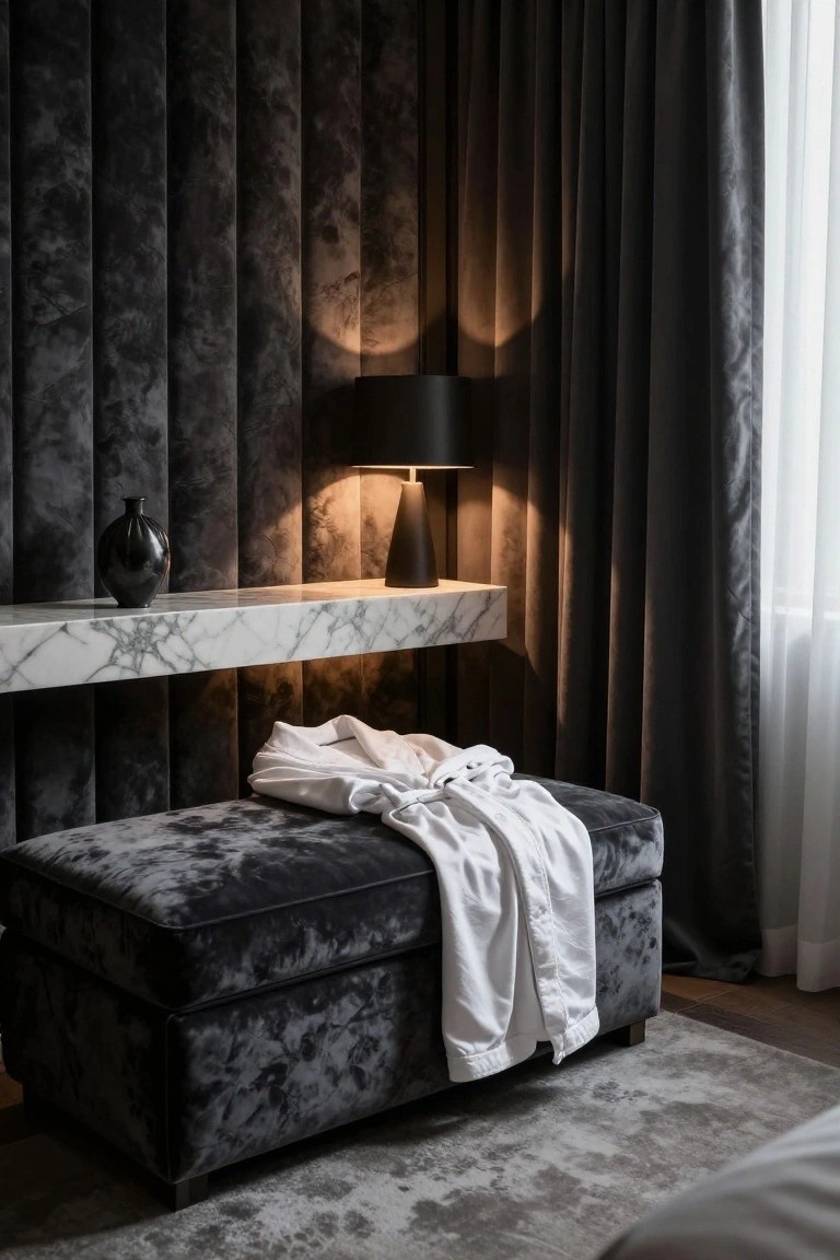 Bedroom corner with dark gray fluted velvet walls, white marble floating shelf holding black vase and conical lamp, gray velvet ottoman draped with white robe, dark curtains, and bed edge visible on gray rug.