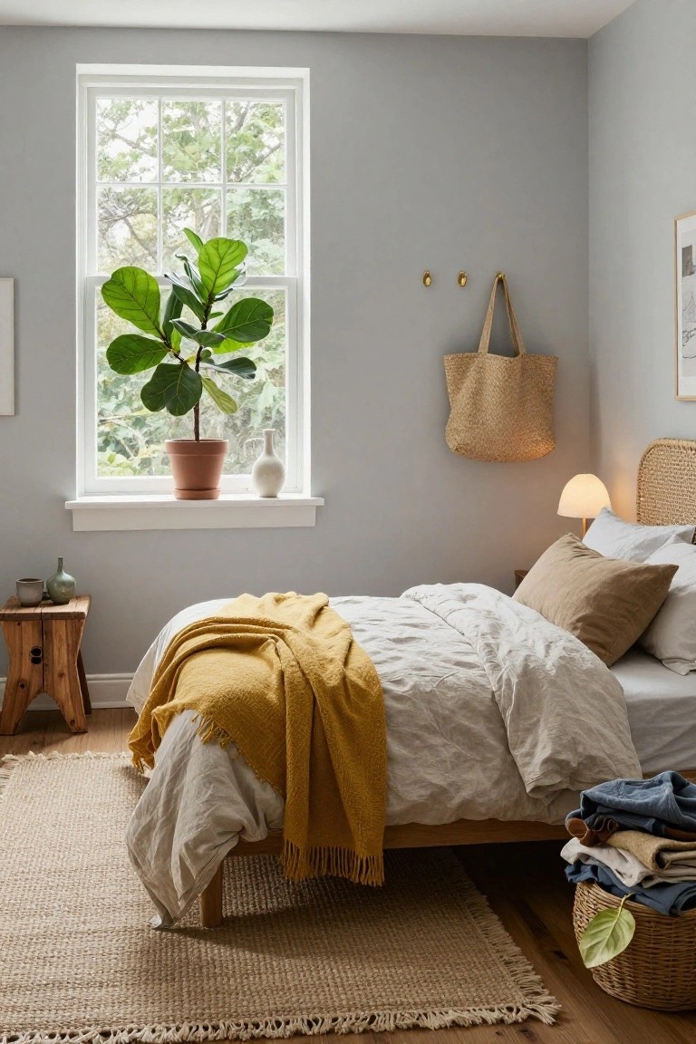 Corner of a cozy bedroom with light gray walls, double bed featuring rattan headboard, white linen bedding with beige pillows and mustard yellow throw, wooden stool side table, large potted fiddle leaf fig plant on windowsill, seagrass rug, and wicker laundry basket on floor.
