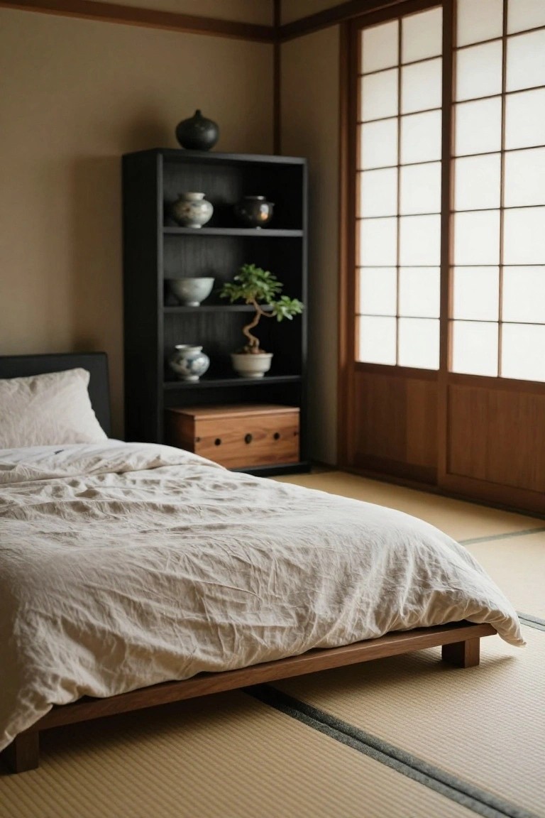 A cozy Japanese-style bedroom with tatami mat flooring, a low wooden platform bed covered in white linens, a black open bookshelf displaying ceramics and a bonsai plant, and shoji screen windows.