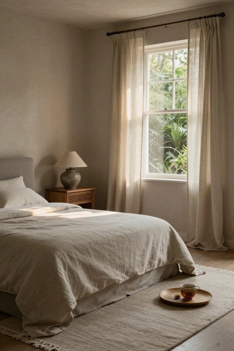 Sunlit bedroom corner with upholstered bed dressed in light beige linen bedding, sheer curtains on a multi-pane window showing greenery outside, wooden nightstand holding a lamp and vase, and a woven tray with teacup and cookie on the floor rug.